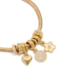 Gold Plated Cubic Zirconia Circle Heart & Flower Charm Bracelet - link has visual effect only