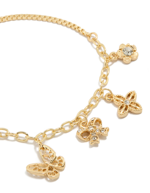 Gold Plated Diamante Butterfly Bow Charms Toggle Bracelet
