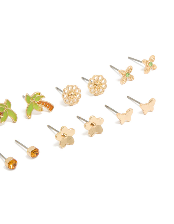 Gold Summer Stud Earrings 7-Pack