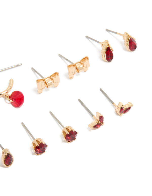 Gold Red Flower & Bow Earrings 7-Pack