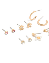 Gold Diamante &  Floral Stud Earrings 8-Pack - link has visual effect only