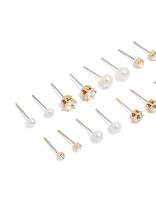 Gold Diamante Pearl Stud Earrings 8-Pack