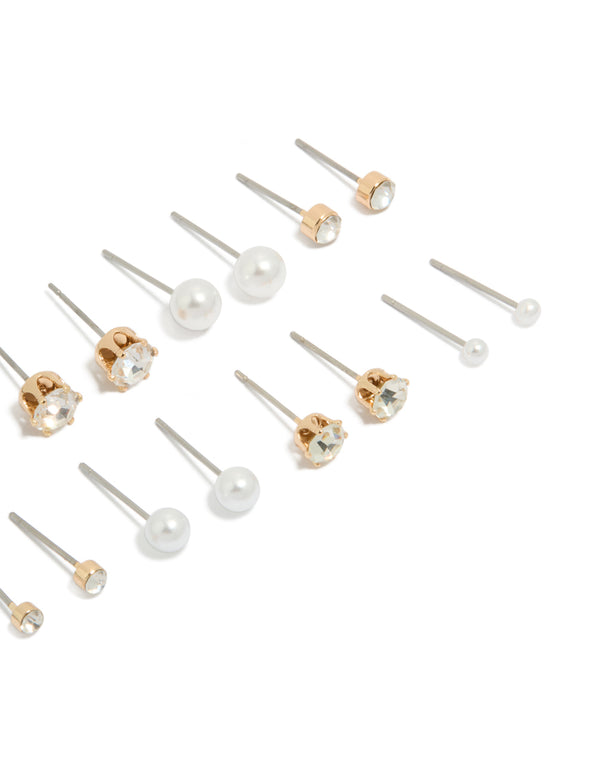Gold Diamante Pearl Stud Earrings 8-Pack