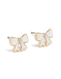 Gold Diamante Centre Cream Enamel Bow Stud Earrings - link has visual effect only