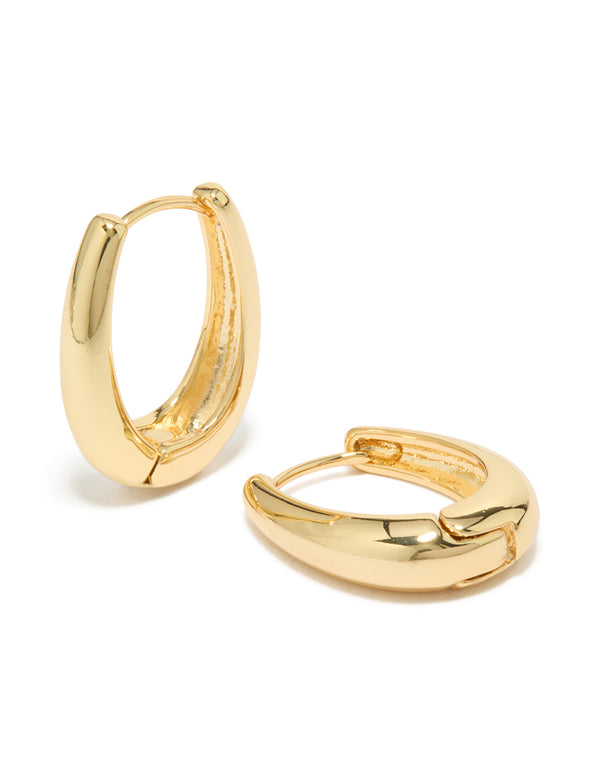 Showcasing gold plated skinny teardrop hoop earrings with closure in front view