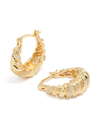 Showcasing gold plated twist huggie earrings featuring cubic zirconia front view - link has visual effect only