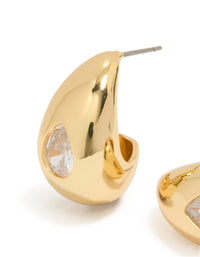 Featuring gold plated cubic zirconia teardrop hoop earrings with post detail close up view - link has visual effect only