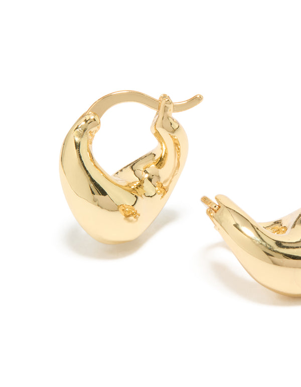 Showcasing statement wavy hoop earrings in gold plated material with beautiful color close up view