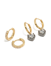 Mixed Metal Plated Heart & Cubic Zirconia Huggie Earrings 2-Pack - link has visual effect only