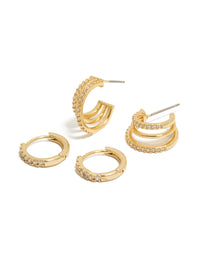 Featuring gold plated cubic zirconia huggies and illusion hoop earrings in a 2-pack front view - link has visual effect only
