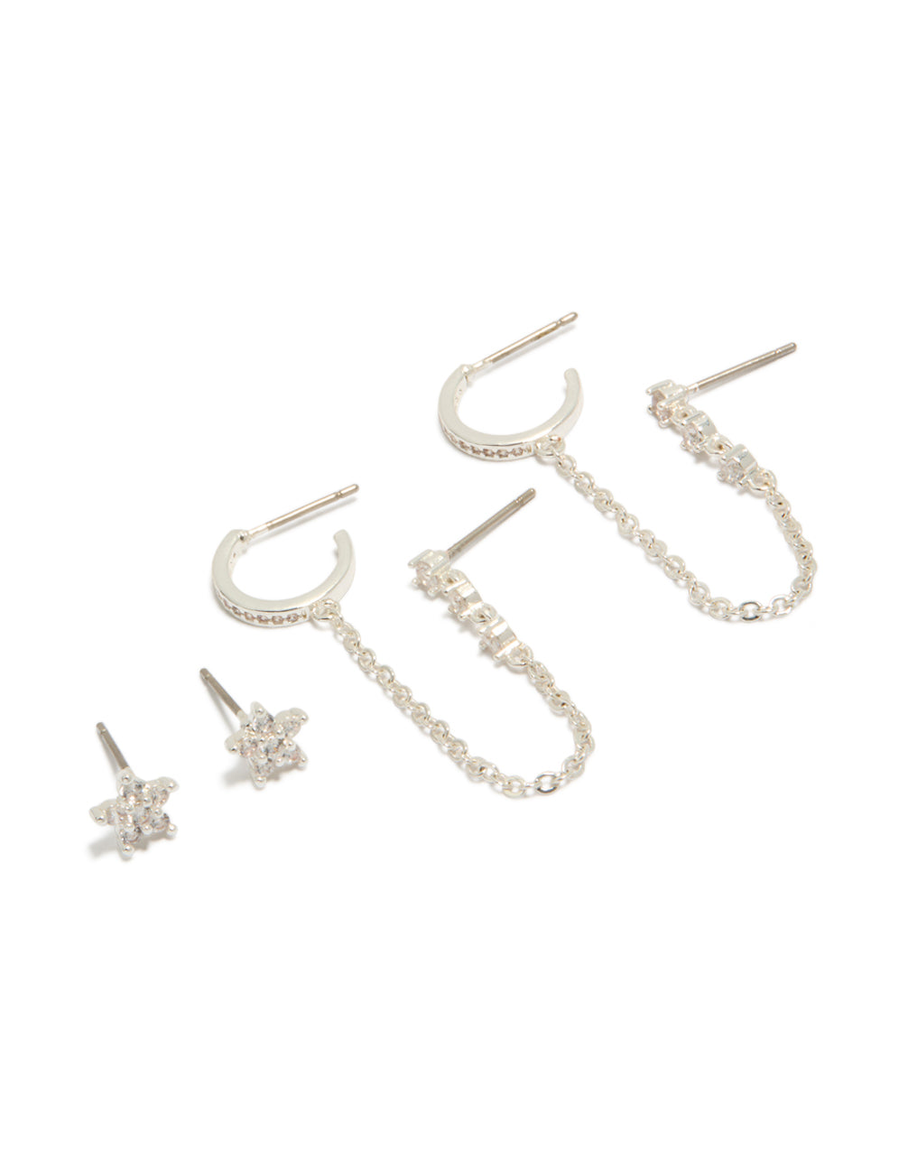 Explore these dainty silver plated cubic zirconia floral and chain mini earrings with huggie and stud closures front view