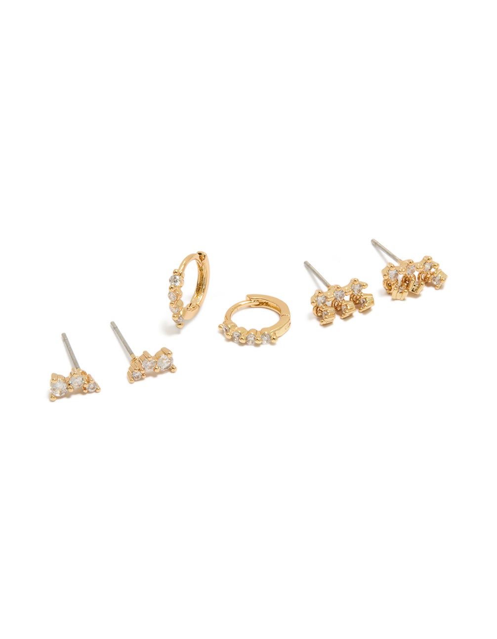 Showcasing dainty gold plated cubic zirconia trio studs and huggie earrings in a 3-pack front view