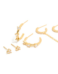 Featuring statement cubic zirconia crystal gold plated studs and hoop earrings 4-pack close up view - link has visual effect only