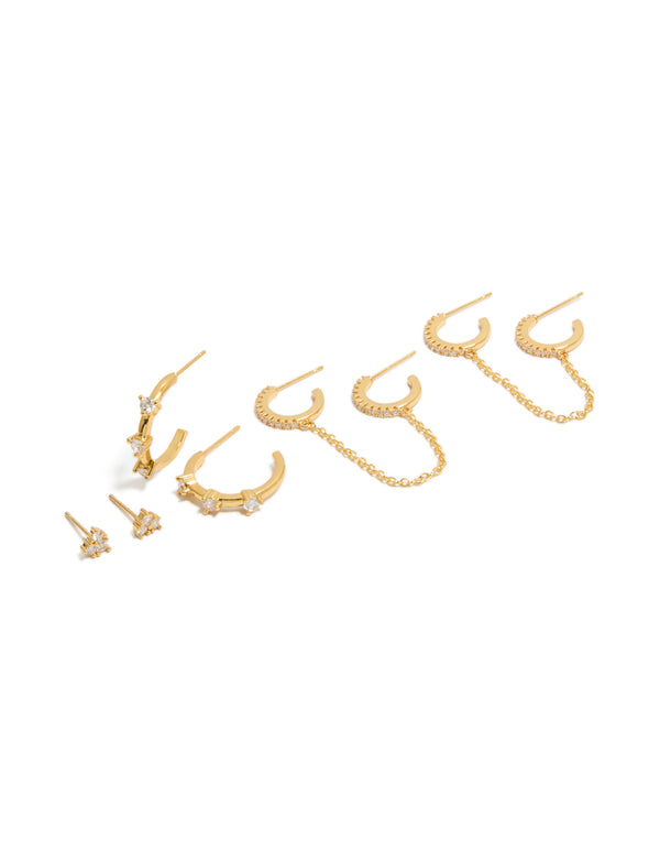 Showcasing statement cubic zirconia crystal gold plated studs and hoop earrings 4-pack front view