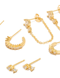 Showcasing hoop closure cubic zirconia trio marquise chain earrings 4-pack with gold plated crystal close up view - link has visual effect only