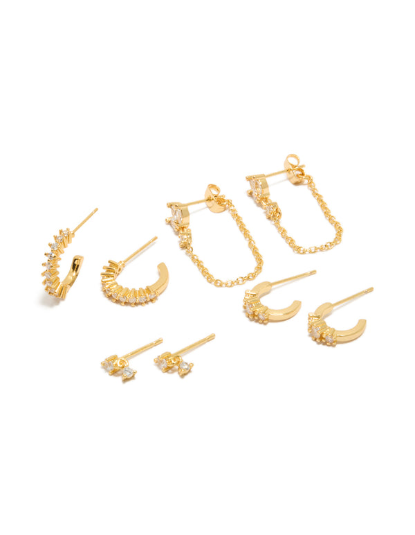 Featuring hoop closure cubic zirconia trio marquise chain earrings 4-pack in gold plated crystal front view