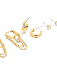 Discover gold plated double chain huggie and stud earrings 4-pack with cubic zirconia crystals close up view - link has visual effect only