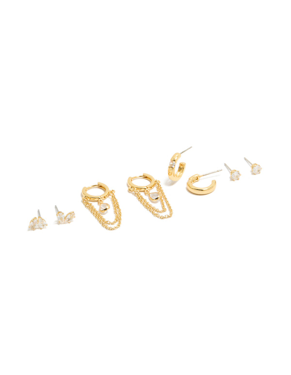 Explore this gold plated double chain huggie and stud earrings 4-pack with cubic zirconia crystal embellishments front view