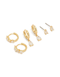 Gold Plated Pear Cubic Zirconia Huggie & Stud Earrings 3-Pack - link has visual effect only