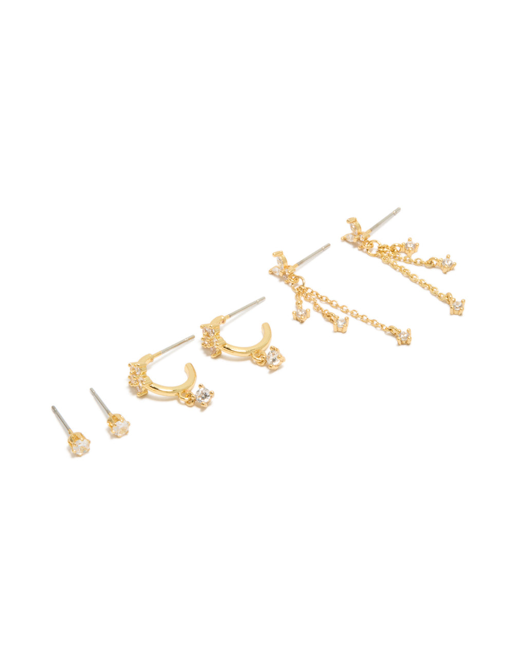 Showcasing gold plated butterfly charm chain and stud earrings 3-pack featuring cubic zirconia with huggie closure front view