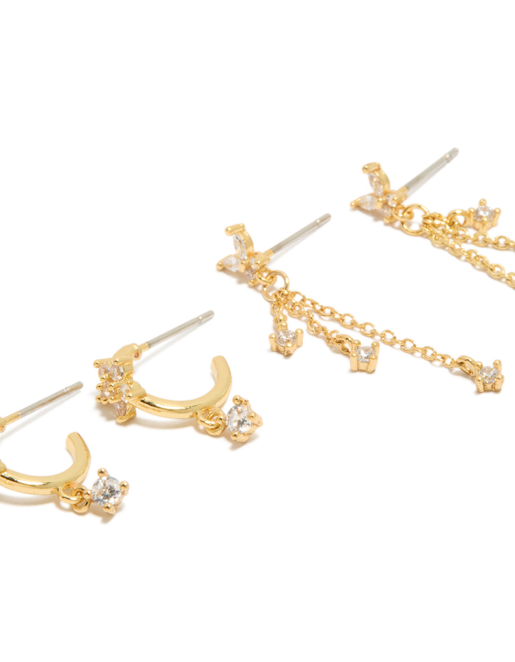 Featuring gold plated butterfly charm chain and stud earrings 3-pack with cubic zirconia and huggie closure close up view