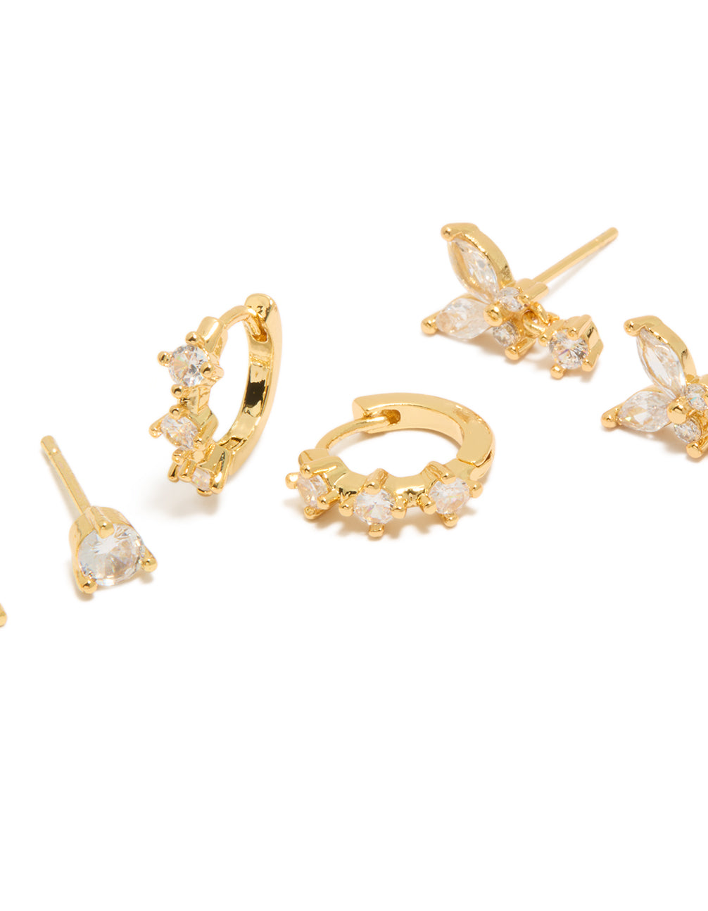Showcasing mini butterfly hoop earrings crafted from gold plated crystal and cubic zirconia in a 3-pack with hoop stud closure close up view