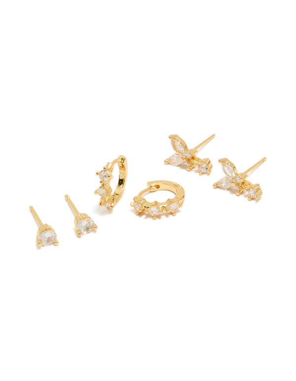 Featuring mini butterfly hoop earrings crafted from gold plated crystal and cubic zirconia in a 3-pack with hoop stud closure front view