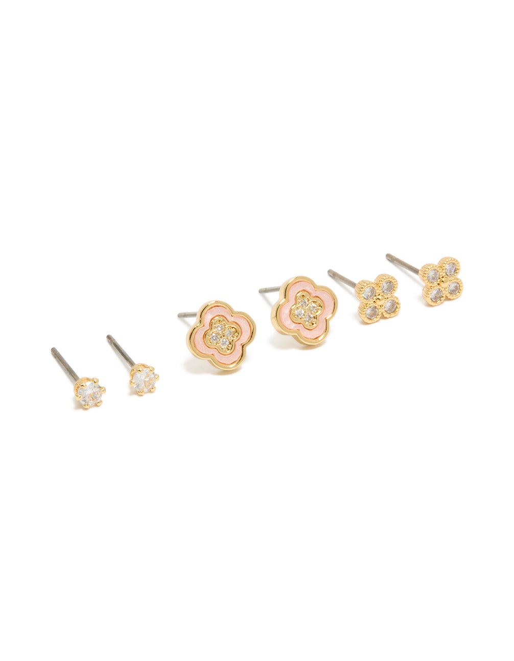Beautifully crafted gold plated cubic zirconia flower stud earrings in a 3-pack with crystal features, and stud closure front view