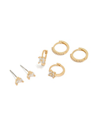 Gold Plated Cubic Zirconia Mini Flower Huggie & Stud Earrings 3-Pack - link has visual effect only