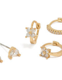 Gold Plated Cubic Zirconia Mini Flower Huggie & Stud Earrings 3-Pack - link has visual effect only