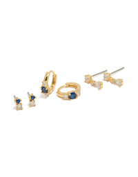 Showcasing gold plated mixed cut blue cubic zirconia mini earrings in a 3-pack with crystal huggie closure front view - link has visual effect only