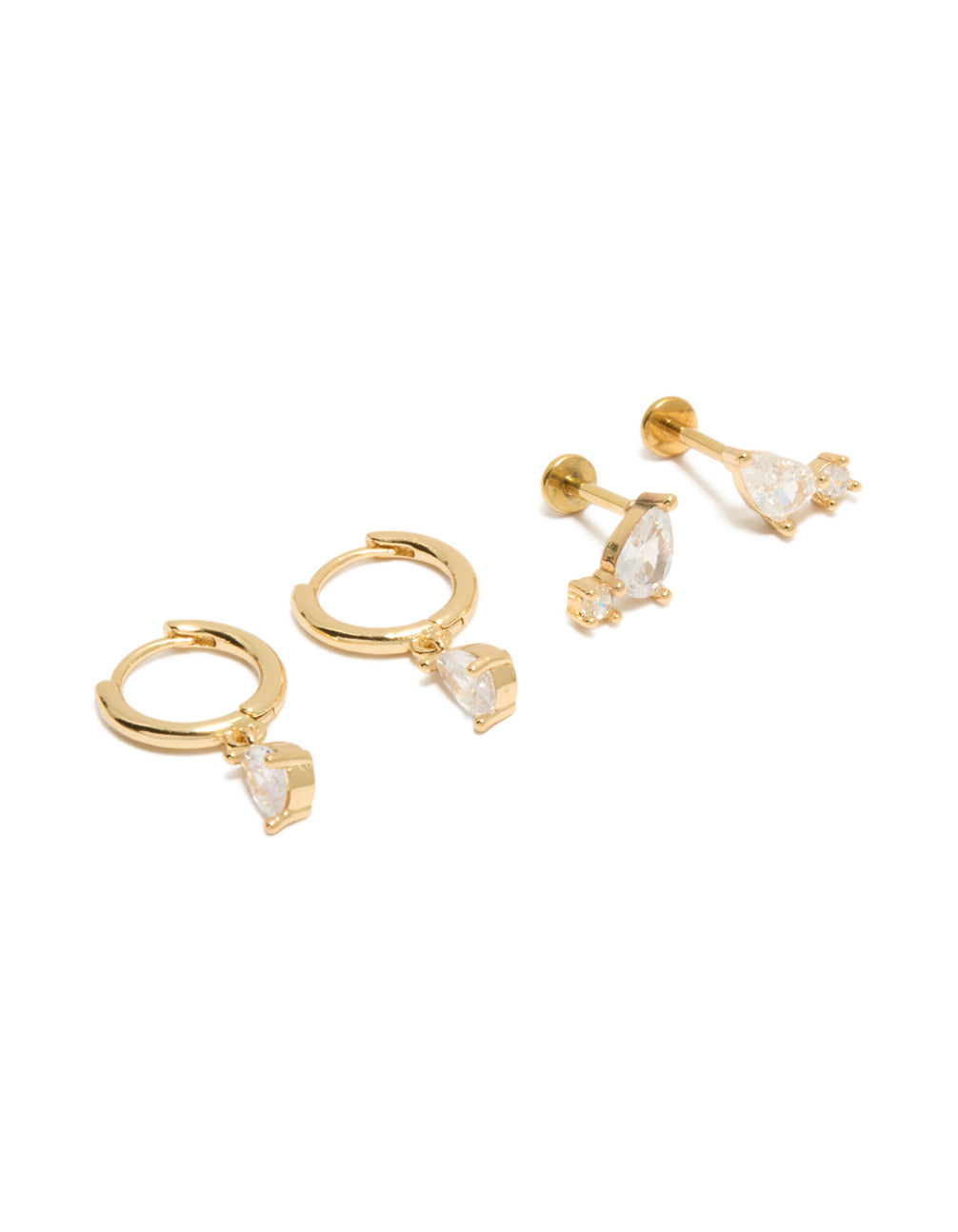Showcasing teardrop cubic zirconia flat back studs and huggie earrings crafted from gold plated titanium in a two-piece pack front view