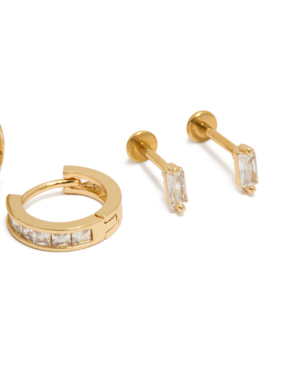 Designed with dainty gold plated cubic zirconia baguette flat back studs and hoops pack, crystal embellishments, hoop and titanium closures close up view