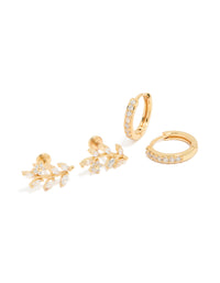 Gold Plated Brass Vine Flat Back Studs & Huggie Earrings Pack - link has visual effect only