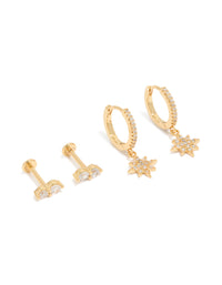 Gold Plated Brass Star Flat Back Studs & Huggie Earrings Pack - link has visual effect only