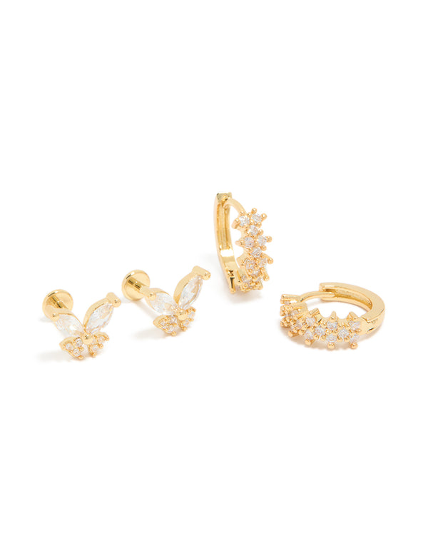 Gold Plated Brass Butterfly Flat Back Studs &  Huggie Earrings Pack