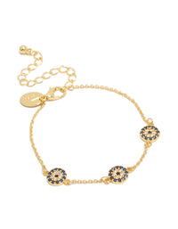 Beautifully crafted evil eye bracelet in gold plated metal front view - link has visual effect only