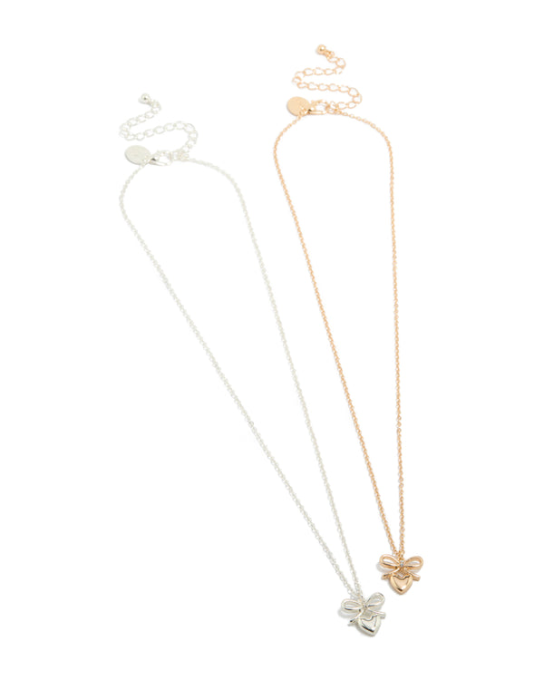Mixed Metal Bow & Heart Necklaces 2-Pack