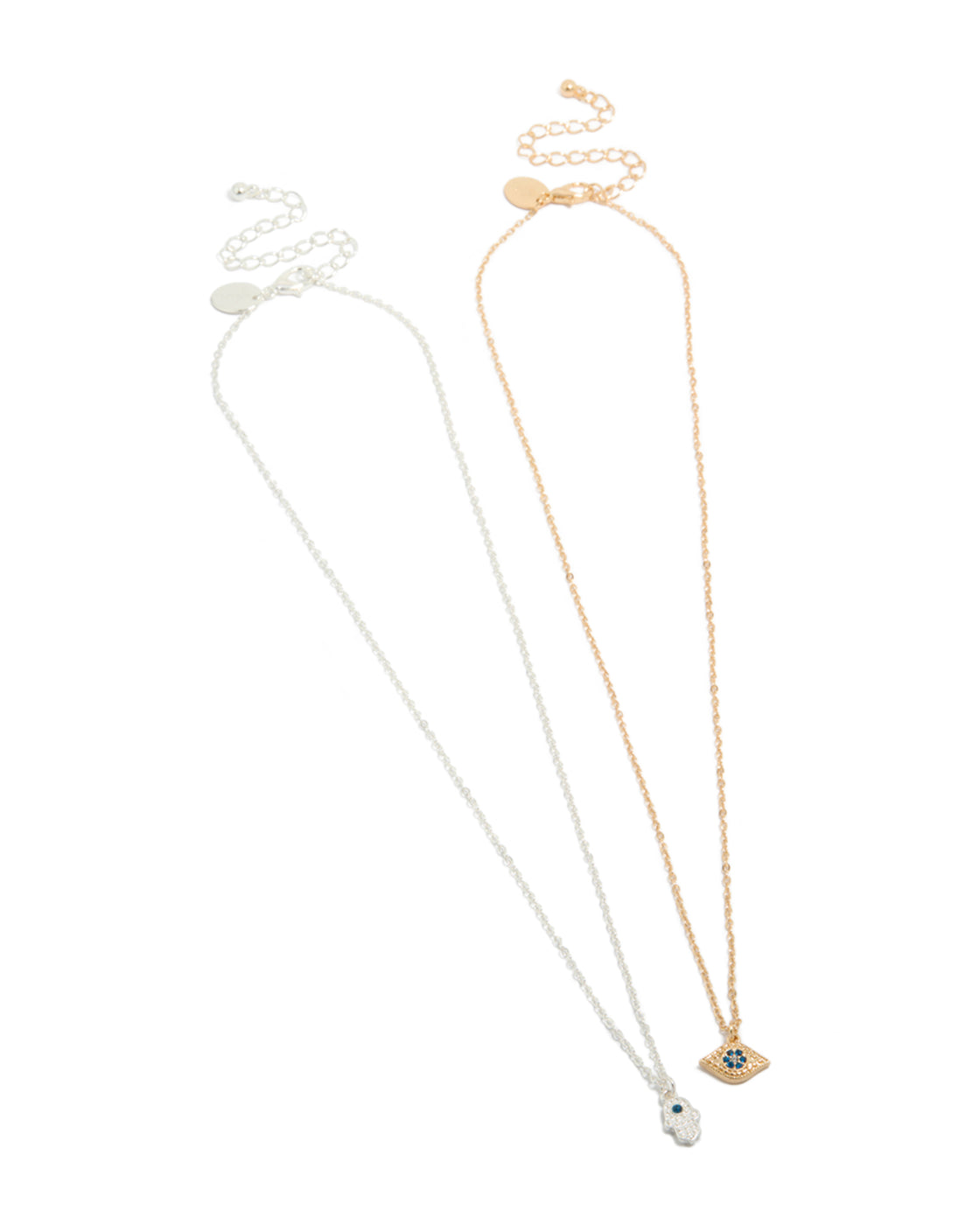 Showcasing mixed metal evil eye and hamsa hand necklaces with pendants in gold and silver 2-pack front view