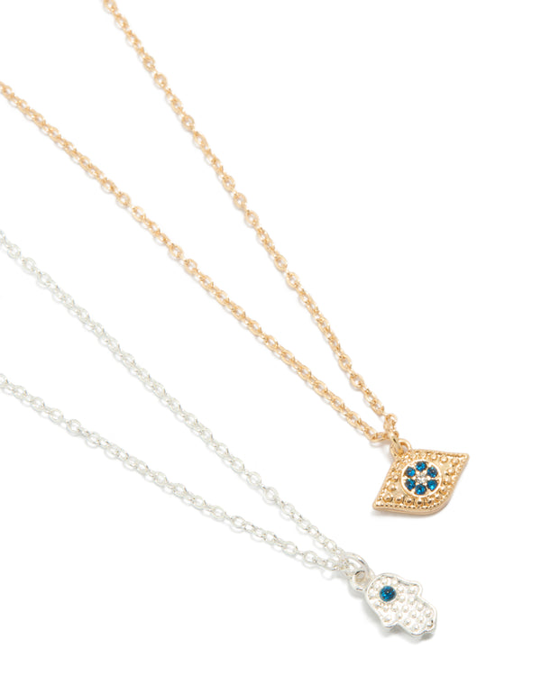 Mixed Metal Evil Eye & Hamsa Hand Necklaces 2-Pack