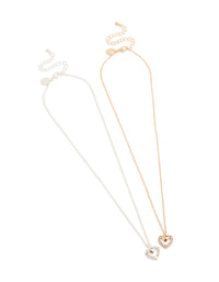 Elegant heart diamante pendant necklaces in gold and silver 2-pack set front view - link has visual effect only