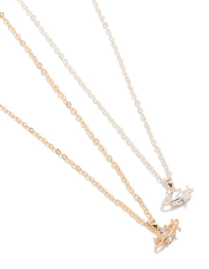Discover mixed metal planet necklaces featuring celestial in gold and silver 2-pack close up view