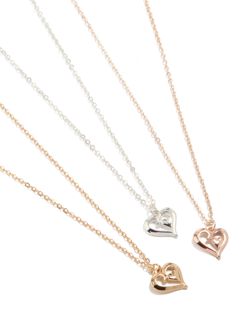 Showcasing heart pendant necklaces in mixed metals, featuring rose gold, silver, and gold a 3-pack close up view