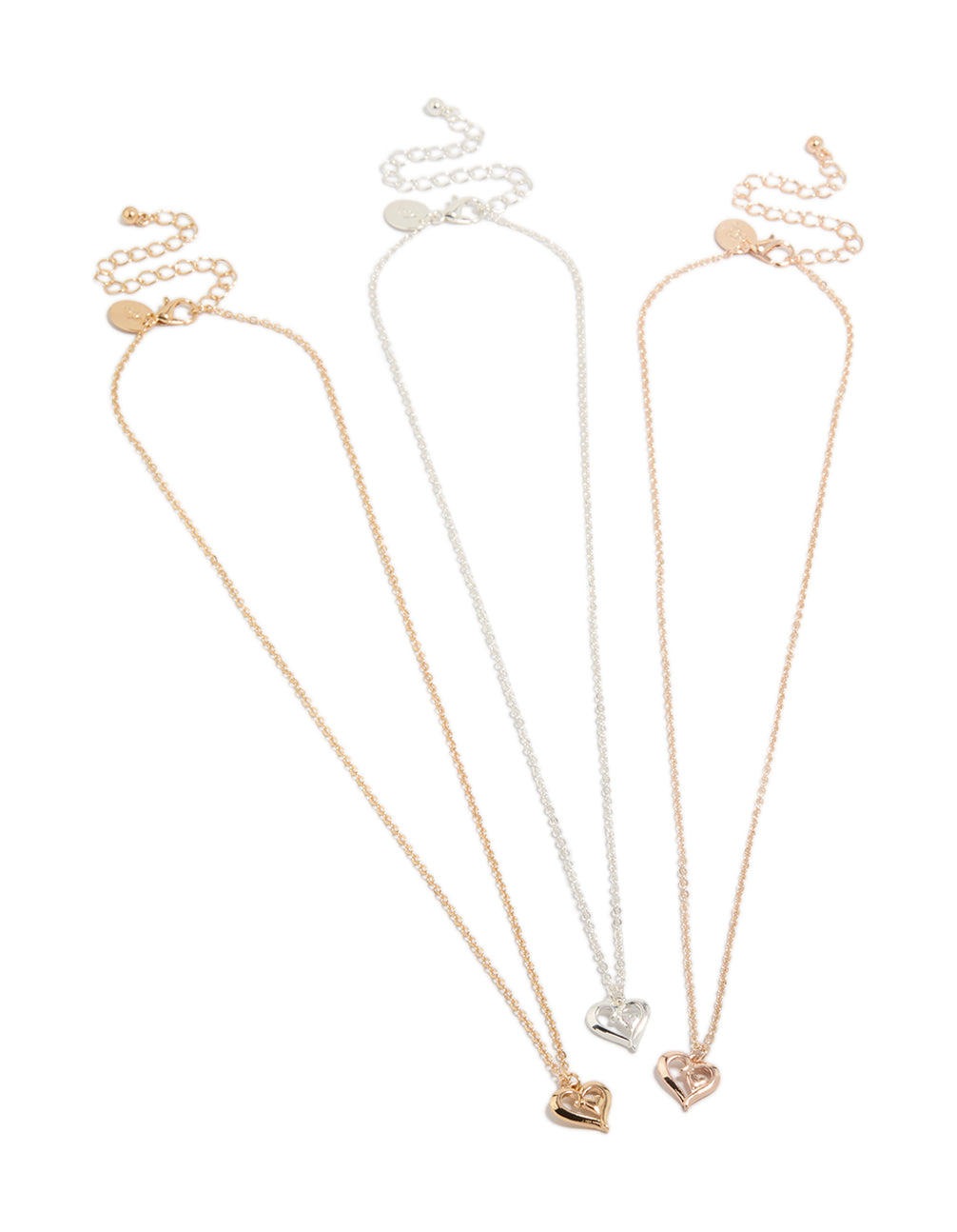 Featuring heart pendant necklaces in mixed metals with rose gold, silver, and gold 3-pack front view