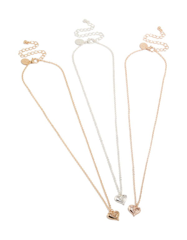 Mixed Metal Heart Pendant Necklaces 3-Pack