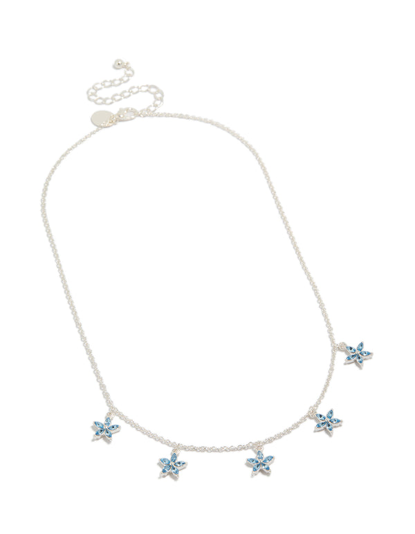 Silver Floral Blue Diamantes Charm Necklace