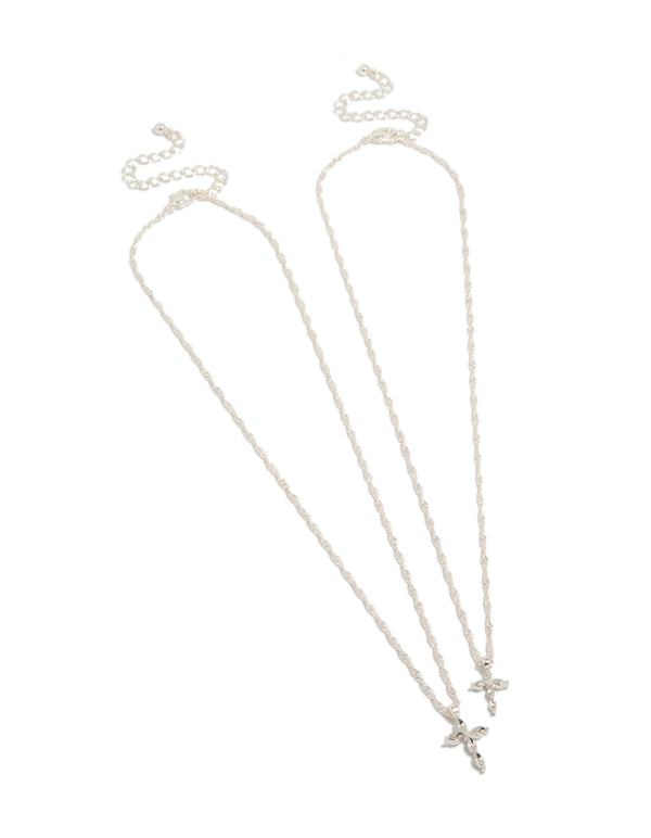 Silver Diamante Cross Twisted Chain Necklaces 2-Pack