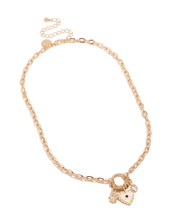 Gold Evil Eye & Heart Charms Necklace