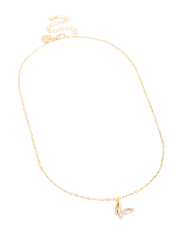 Gold Half Smooth Half Diamante Butterfly Pendant Necklace