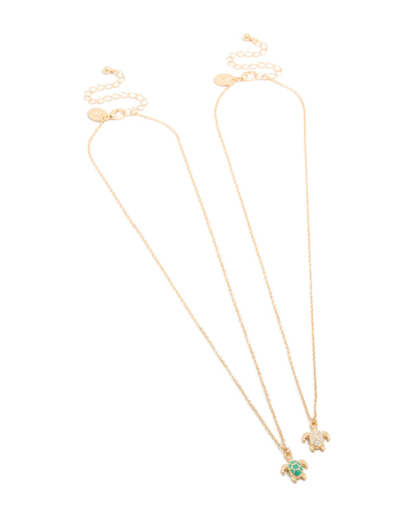 Gold Green & White Turtle Necklaces 2-Pack